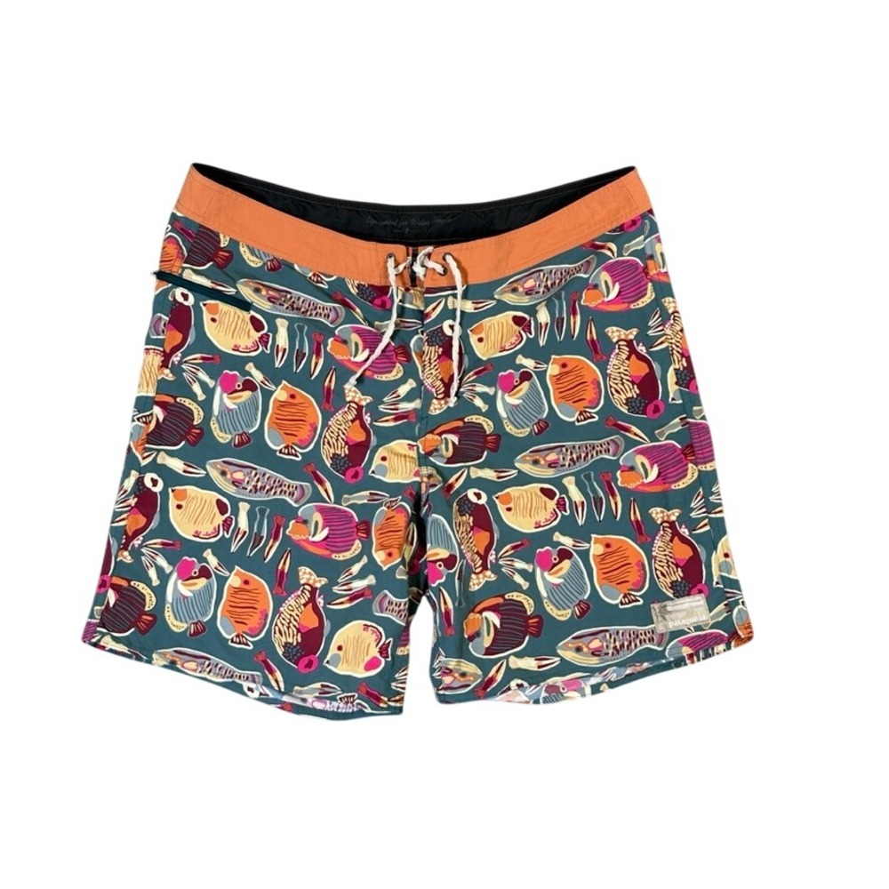 Patagonia Mens Boardshorts 38 Teal Green Tropical Fish Print Swim Trunks 7" Ins